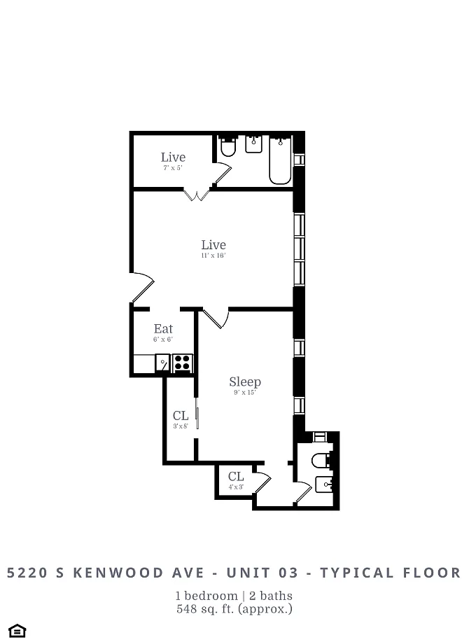 Floor plan 1 Bed | 1.5 Bath (B3)