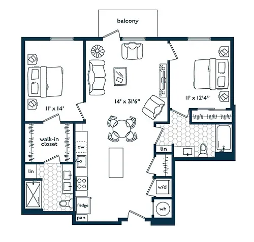 Floor plan Two Bedroom Two Bath (1097 SF)