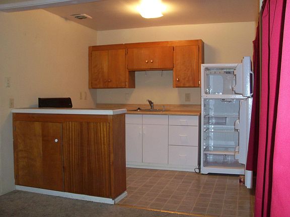 Studio kitchen with gas stove and refrigerator