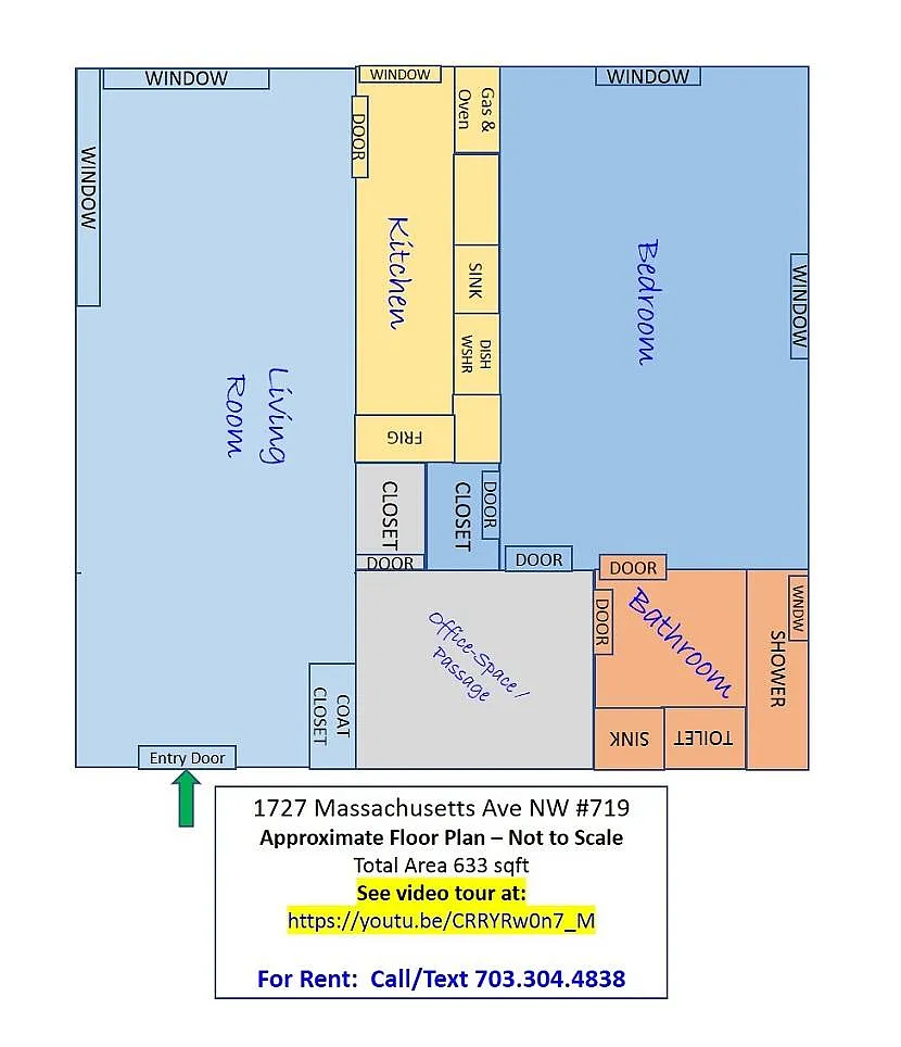 Approximate Floor Plan 
(Not to Scale) - 1727 Massachusetts Ave NW #719