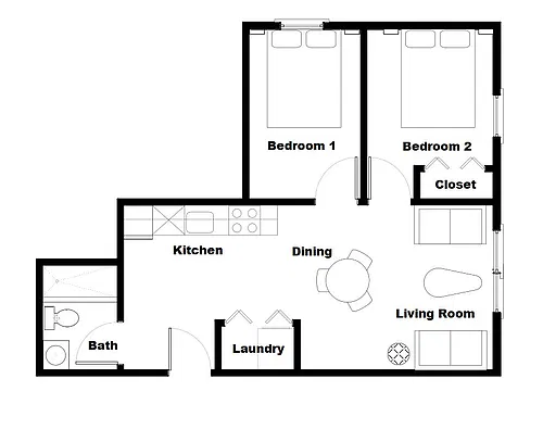 Floor plan Low Rise Apartment 2 Bed 1 Bath 3