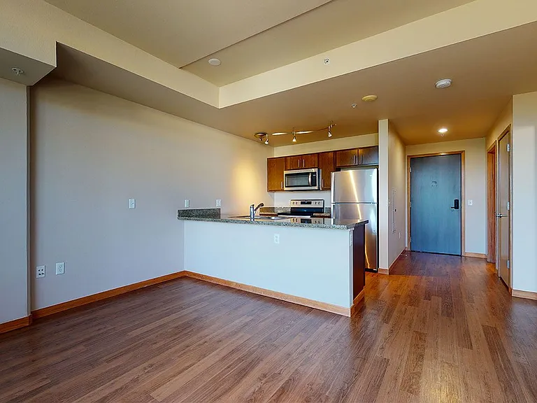 Apartment Kitchen with Stainless Steel Appliances, Dining and Living Room with Wood-Style Flooring.