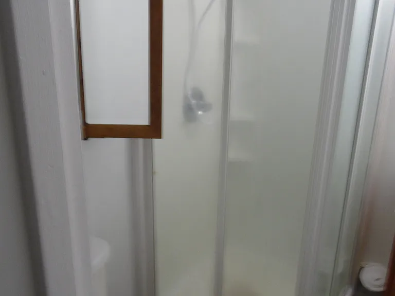 The home has one bathroom with shower. There is some space for storage.