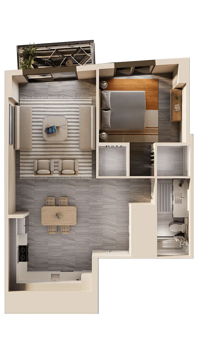 Floor plan East 1 BR Balcony Bay View B