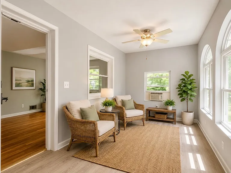 Enter the home to an all- season porch with two ceiling fans and lots of light.