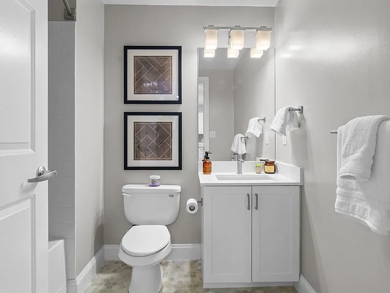 Bright bathroom at The Amelia Apartments in Quincy, MA