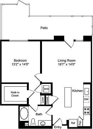 Floor plan One Bed A1C with Patio