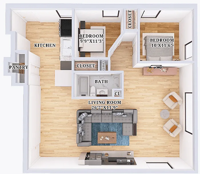 Floor plan Renovated 2 Bedroom 1 Bathroom