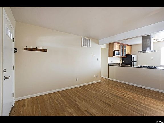 Front door on left, living room, hallway, and kitchen