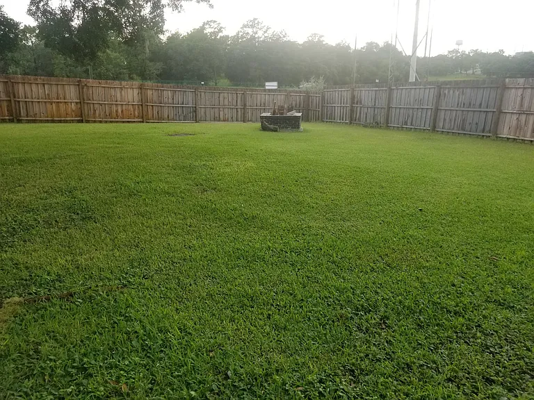 Fenced back yard with custom fire pit