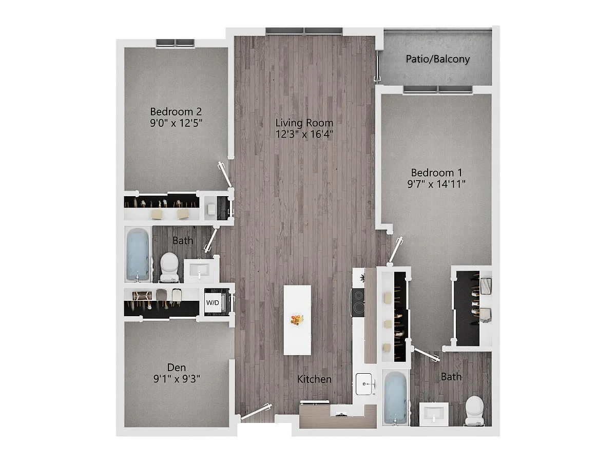 Floor plan 2 Bedroom, 2 Bath w Den