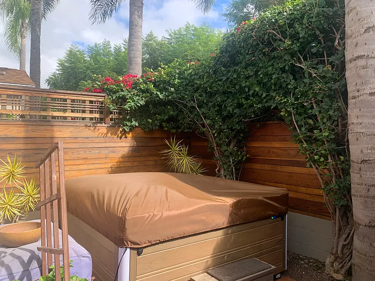 Outside Fenced Private Tropical Patio with Luxurious Hot Tub with Lighting and Bluetooth Speakers