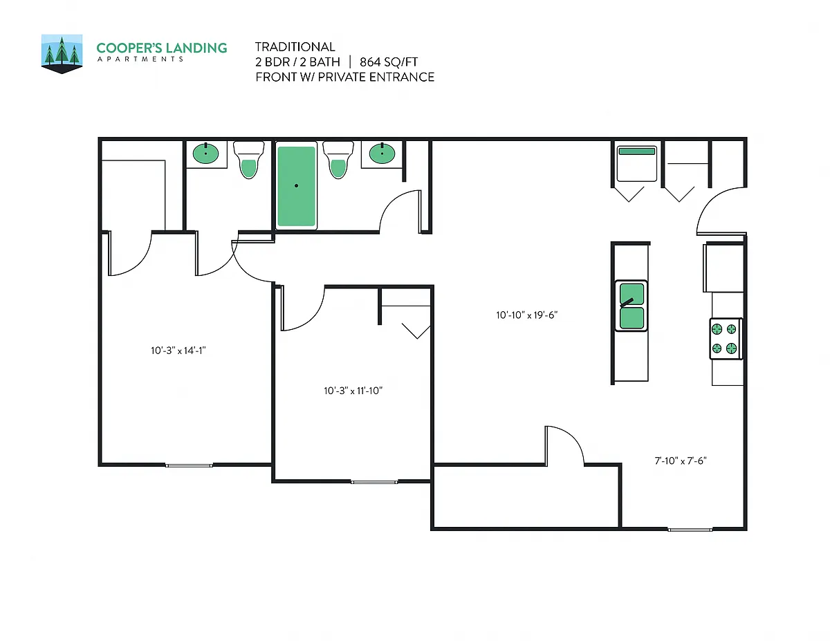 Floor plan 2 Bed, 1.5 Bath - 864 sq ft