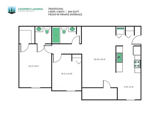 Floor plan 2 Bed, 1.5 Bath - 864 sq ft
