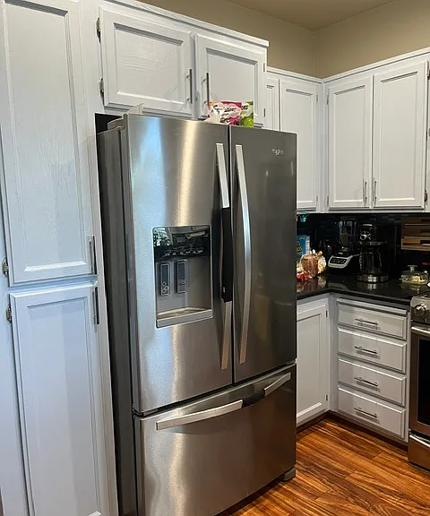 Newly replaced refrigerator with ice maker in the door and filtered water at your convenience.