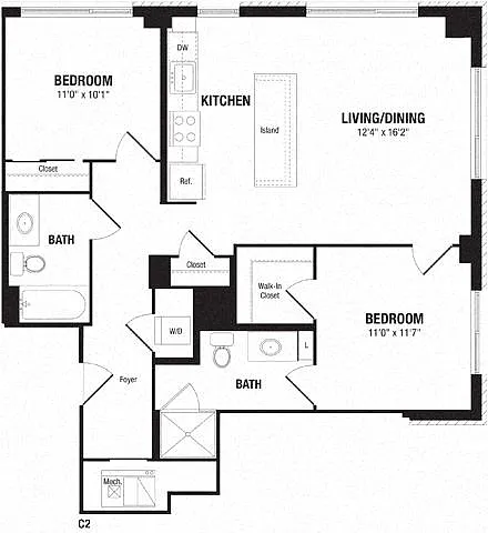 Floor plan 2 Bedroom, 2 Bath 987 SF C2