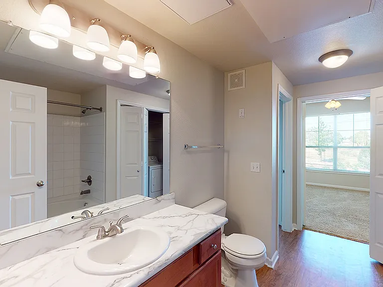 Apartment bathroom with wood-style flooring.