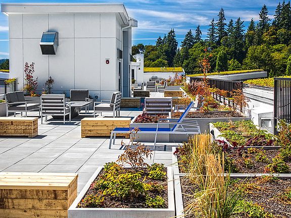 Rooftop terrace with BBQ area, fire pit and sitting areas.