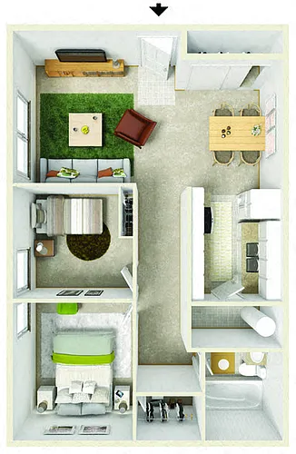 Floor plan 2 Bedroom 1 Bath 850 SF Upgrade