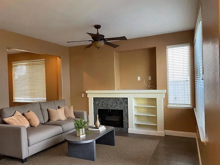 Family room with adjacent kitchen