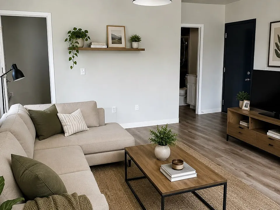 Bright open-concept living space seamlessly integrating the kitchen and main room.