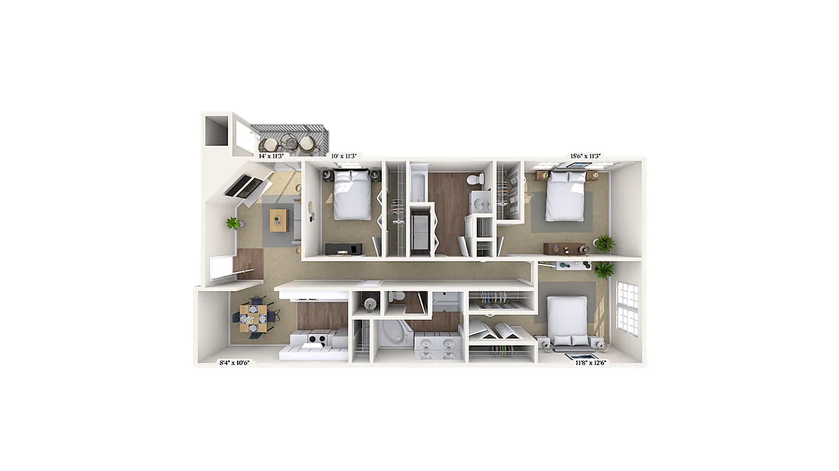 Floor plan 3 Bed, 2 Bath B (80% Income Restricted)