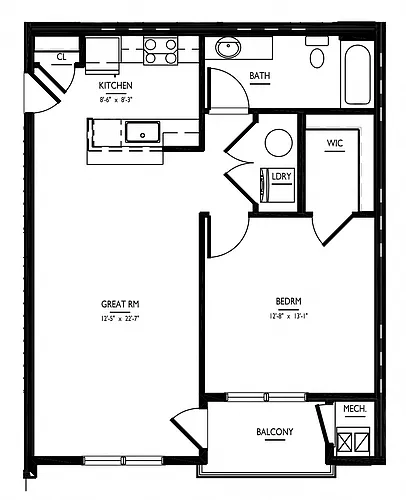 Floor plan 1 Bed/1 Bath Den-2B-A2 Phase II