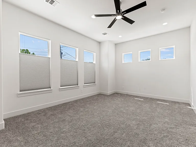 The master bedroom and all bedrooms are located upstairs. The second floor also boasts high ceilings for a spacious effect.