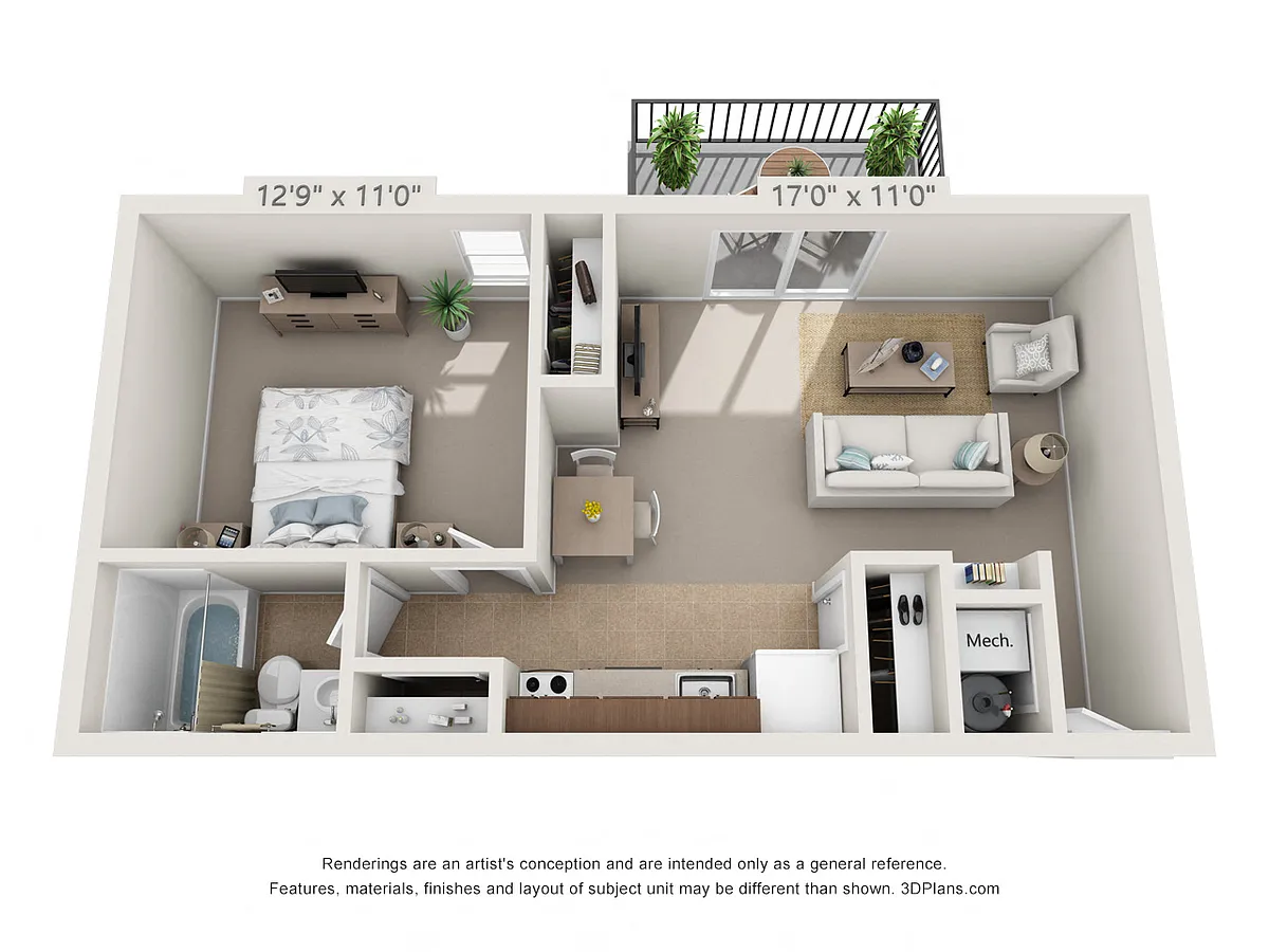 Floor plan Elm1 Bedroom,1 Bath w/Balcony