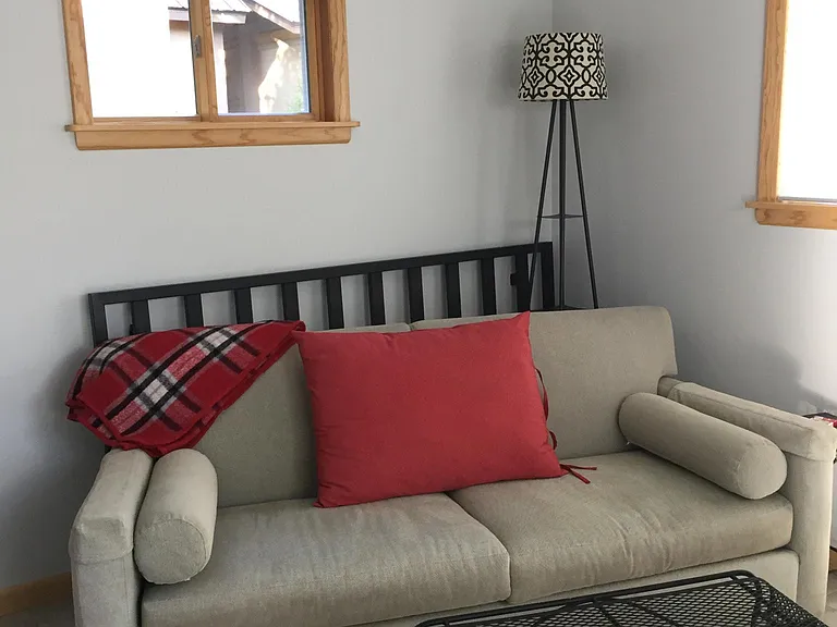 Bonus room has sliding doors to seating area