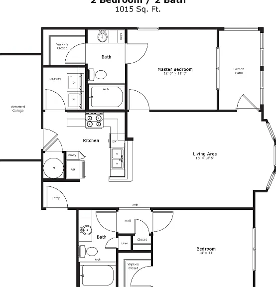 The Garland: 1,015 sq. ft. with 2 beds, 2 baths, walk-in closets in both bedrooms, a bay window, screened patio, and an attached garage for everyday ease. The Garland: 1,015 sq. ft. with 2 beds, 2 baths, walk-in closets in both bedrooms, a bay window, scr