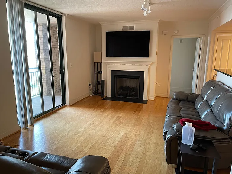 Living room with two gorgeous leather couches, 65" Samsung TV, Fireplace (gas powered by switch), lamp, and side tables included!