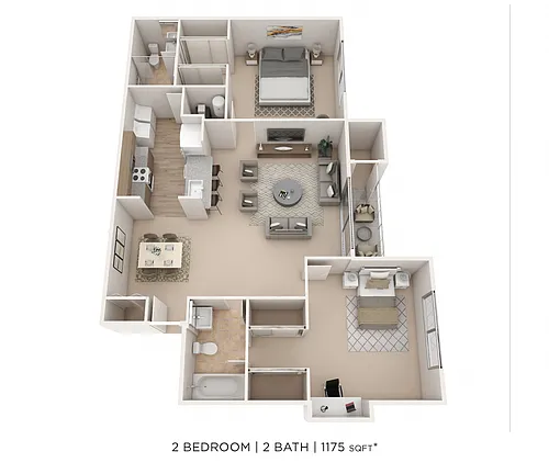 Floor plan Two Bedroom 2 Bath - 1,175 sqft