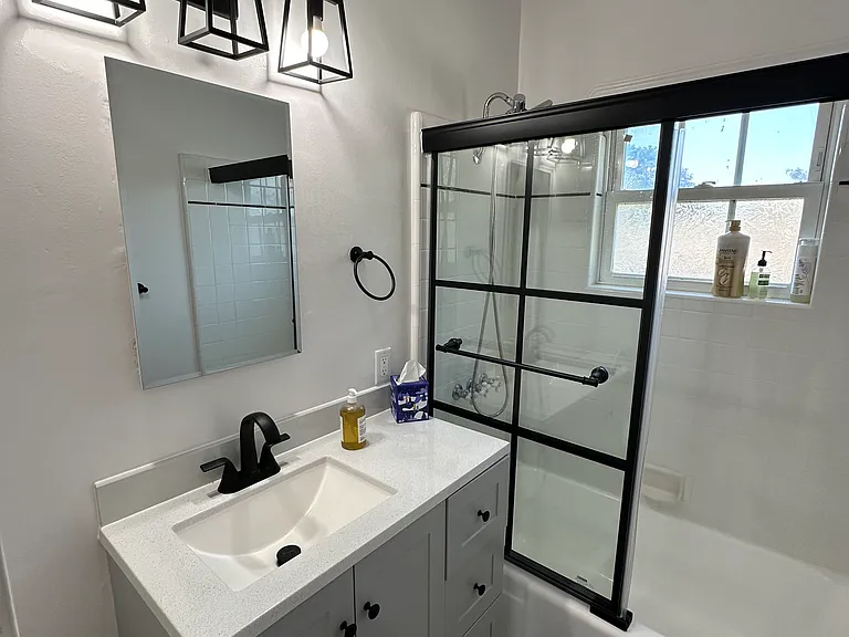newly renovated bathroom. new vanity, modern black lighting and shower door accentuates timeless tile