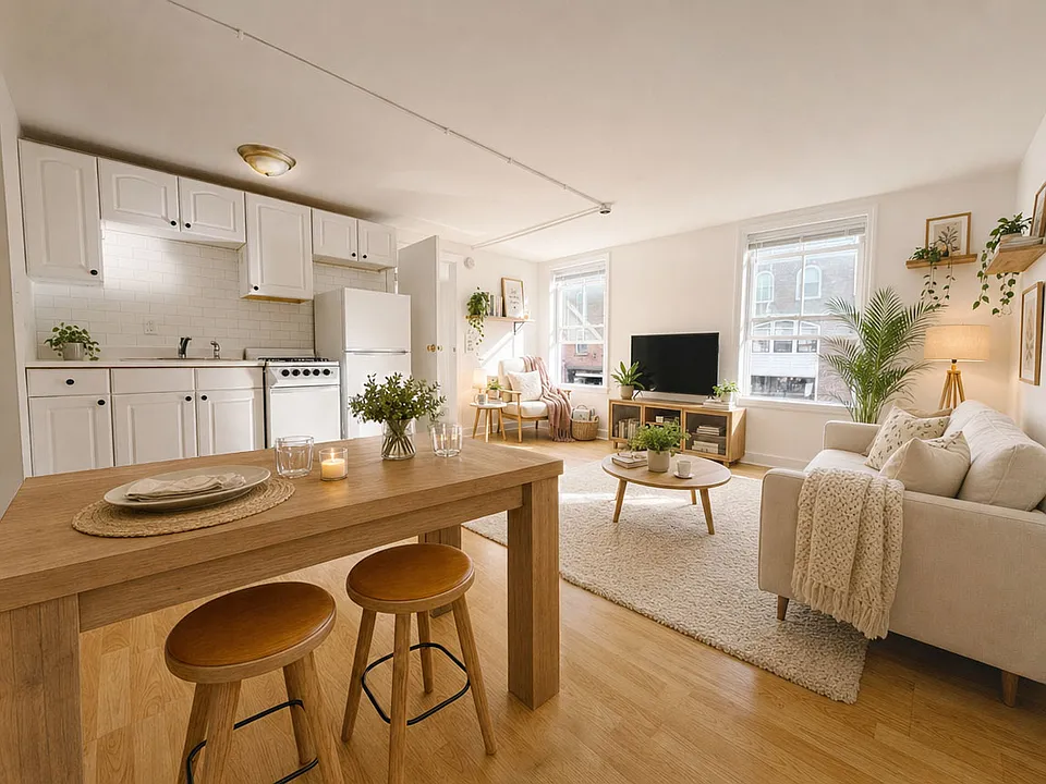 Virtually Staged with dining, living, and reading nook.