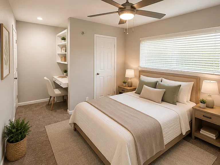 Comfortable secondary bedroom with natural light and a built-in desk perfect for work or study.