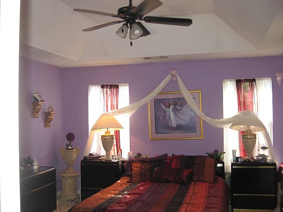 master bedroom with tray ceiling