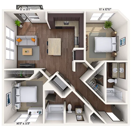 Floor plan Traditional 2x2 986 SF