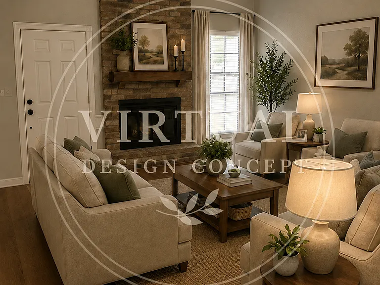 Spacious living room with wood burning fireplace and vaulted ceilings.