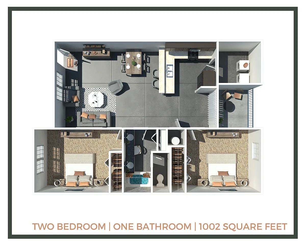 Floor plan 2 Bed + 1 Bath | 1002 Sq Ft