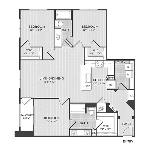 Floor plan 3BR 2BA (1388 SF)
