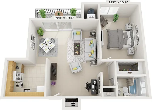 Floor plan 1BR 1BA B