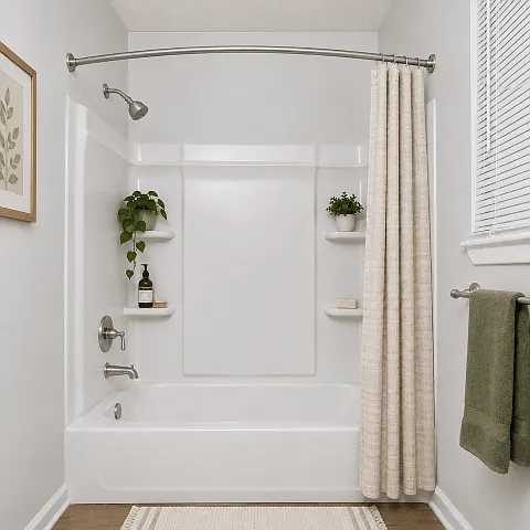 Bright full bathroom featuring a tub/shower combination, built-in shelving, updated finishes, and additional storage for everyday convenience.