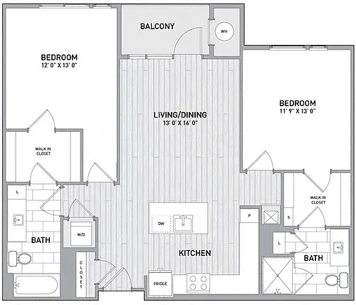 Floor plan 2 BED 2 BATH - 1,102