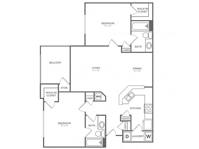 Floor plan Two Bedroom, Two Bath (1,100 SF)