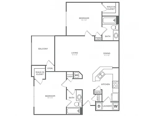 Floor plan Two Bedroom, Two Bath (1,100 SF)