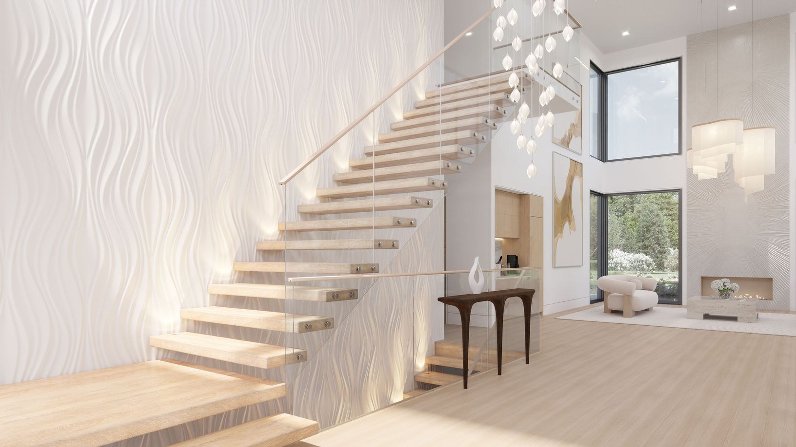 A floating staircase framed by custom wall detailing, soft illumination, and expansive glazing.