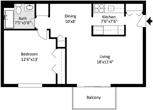 Floor plan 1 Bedroom 1 Bath w-Patio or w-Balcony