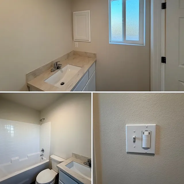 BEDROOM 1 Bathroom 
Note: Mirror, shower curtain rod, TP holder, towel bars and cabinet knobs installation in work.
