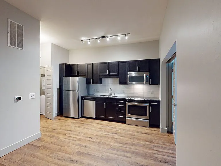Apartment kitchen with stainless steel appliances, dining and living room with wood-style flooring.
